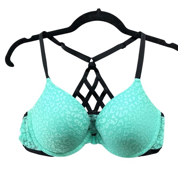 Victoria's Secret Push Up Bra Womens 36C Front Closure Lace Teal Padded - Picture 1 of 7